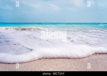 Vague blanche mousse sur la plage de Barcelone. White sea foam close-up sur la plage de sable d'une île exotique. Paysage magnifique sur la mer Banque D'Images