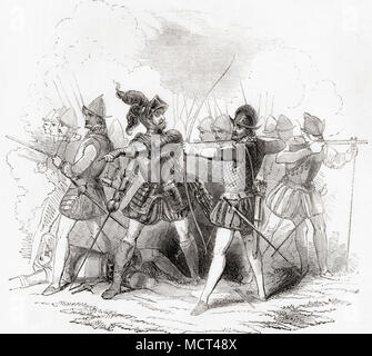 Lord Willoughby, qu'on voit ici dans la moitié de l'armure un officier général, le costume et l'équipement d'un pikeman, un archer et un mousquetaire de la période élisabéthaine. À partir de la vieille Angleterre : A Pictorial Museum, publié 1847. Banque D'Images