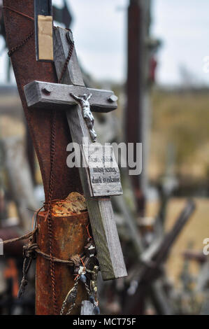 Colline des Croix en Lituanie avec un tir du détail d'une croix unique avec une figure de Jésus a mis en lumière Banque D'Images