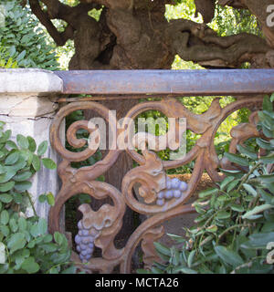 Pagode japonaise avec des arbres vieux métal rambarde rouillée. Vieux sophora japonica est dans l'arrière-plan. Dans l'avant-plan est vieux métal rouillé balustrade avec un moti Banque D'Images