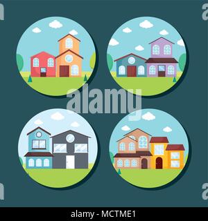 Icon Set de maisons modernes sur des cercles et fond bleu, vector illustration Illustration de Vecteur