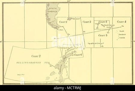 . Fig. I. Tableau montrant les secteurs couverts par des graphiques 1 à 7, et les positions des sections dans les Figues. 2-4. Cette traverse vers le sud le long du 49e méridien franchi deux de nos lignes de sonde plus tôt, la première d'environ 53° 20' S, et le deuxième d'environ 54° 30' S. malheureusement environ 10 milles au nord de l'ancienne ligne l'échosondage océanique la machine est tombée en panne et n'ont pas été repris pour les sondages d'environ 30 milles, de sorte que la confirmation de la profondeur enregistrée dans l'année précédente n'était pas possible. Sur la deuxième ligne, toutefois, l'accord était bon. Fig. 3 b (p. 226) montre une section à travers le Scot Banque D'Images