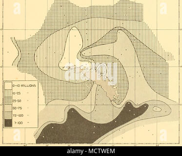 . Fig. 18. La distribution générale des Diatomales (totaux par loo-o m. courriers), l'enquête sur la Géorgie du Sud, Novembre 1930. Ce tableau est basé sur des prises effectuées aux endroits indiqués à la Fig. 19. La distribution de Chaetoceros socialis est montré dans Fig. 19. On voit qu'elle a été prise à quatorze stations seulement, qui ont toutes été regroupées autour de l'extrémité sud de l'île, certains proches de la côte, et les autres dans le quartier où la banquise s'attarda plus longtemps durant ce printemps, et tous les dans l'eau qui à partir de la nature générale de l'ensemble du phytoplancton, proviennent presque certainement Banque D'Images