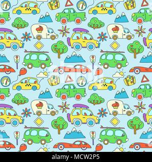 Couleur vectoriel continu avec motif stylisé voitures cartoon pour les enfants Illustration de Vecteur