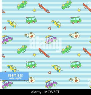 Couleur vectoriel continu avec motif stylisé voitures cartoon pour les enfants Illustration de Vecteur