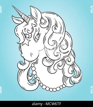 Tête portrait Unicorn coloring page, poster. Cute cartoon animal magic fantasy concept. Contour isolé vector illustration Illustration de Vecteur