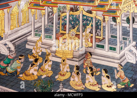 Détails du mur peintures illustrant le mythe de Ramakien dans le Wat Phra Kaew Palace, également connu sous le nom de Temple du Bouddha Émeraude. Bangkok, Thaïlande. Banque D'Images