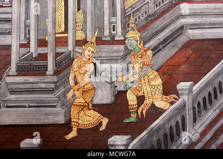 Détails du mur peintures illustrant le mythe de Ramakien dans le Wat Phra Kaew Palace, également connu sous le nom de Temple du Bouddha Émeraude. Bangkok, Thaïlande. Banque D'Images