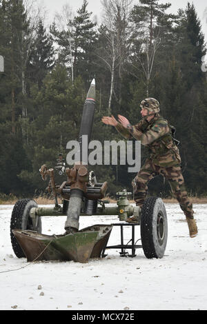 Soldats français des missions de tir conduite avec un mortier de 120 mm dans le cadre de l'exercice à 18 avant dynamiques de l'armée américaine le secteur d'entraînement Grafenwoehr (Allemagne), le 05 mars 2018. L'exercice comprend environ 3 700 participants de 26 nations. Avant dynamique est un rapport annuel de l'armée américaine l'Europe (USAREUR) exercice portait sur l'interopérabilité de l'armée américaine, service commun et pays allié d'artillerie et de l'appui feu dans un environnement multinational, théâtre de quartier général au niveau de l'identification des cibles d'équipes des canons tirant des cordons sur le terrain. (U.S. Photo de l'armée par Gertrud Zach) Banque D'Images