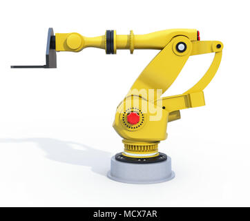 Bras robotique à fort grammage jaune isolé sur fond blanc. Le rendu 3D image. Banque D'Images