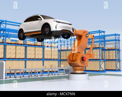 Bras robotique à fort grammage orange blanc transportant des SUV dans l'usine d'assemblage. Le rendu 3D image. Banque D'Images