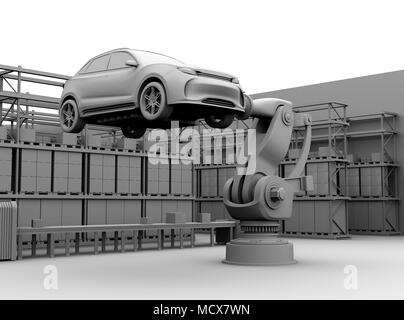 L'image de rendu d'argile de bras robotique poids lourd transportant des SUV blanc à l'assemblée en usine. Le rendu 3D image. Banque D'Images
