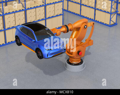 Bras robotique à fort grammage orange bleu transportant des SUV dans l'usine d'assemblage. Le rendu 3D image. Banque D'Images