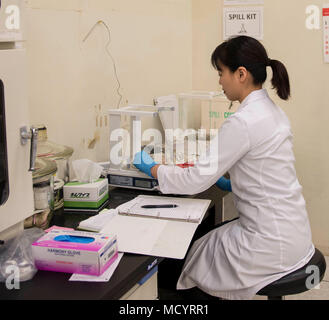 Akane Amagai, 18e Escadron en médecine aérospatiale médecine préventive des services de laboratoire de vol, d'une pharmacie d'étalonner une échelle 8 mars 2018, à Kadena Air Base, au Japon. Les tests de laboratoire d'éléments trouvés dans l'environnement de l'Okinawa, Japon, tels que l'eau, l'huile et le sol. (U.S. Photo de l'Armée de l'air par la Haute Airman Jessica H. Smith) Banque D'Images