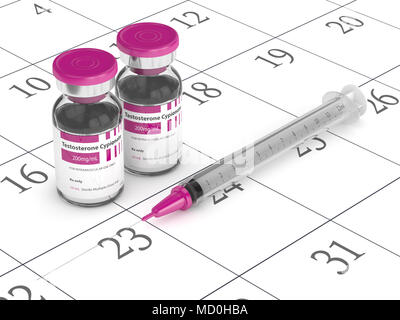 Le rendu 3D de cypionate de testostérone flacon avec seringue couchée sur le calendrier. Les stéroïdes anabolisants concept. Banque D'Images