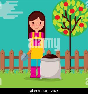 Girl holding shovel jardinier sac ferme et clôture du sol les arbres à fruits Illustration de Vecteur