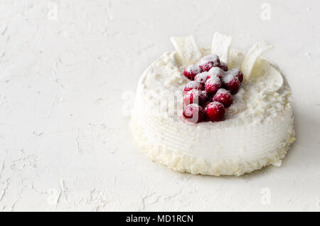 De délicieux gâteaux au fromage avec les canneberges, les cerises, les flocons de noix de coco et chocolat blanc sur fond de béton léger. Copyspace Banque D'Images