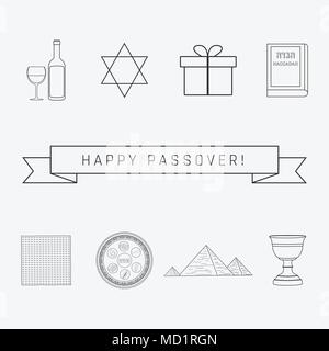 Appartement de vacances de Pâque fine ligne noire design icons set avec texte en anglais 'Happy Passover". Illustration de Vecteur