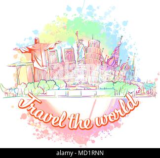 Voyager dans le monde entier. Phrase par ligne d'horizon. Hand drawn vector illustration. Travel concept de marketing numérique et l'impression de l'affiche. Illustration de Vecteur