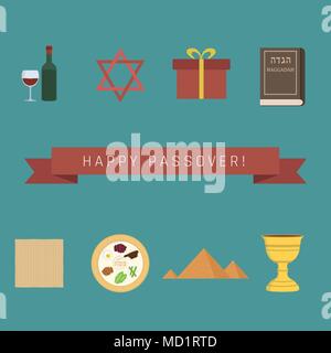 Appartement de vacances de Pâque icons set design avec texte en anglais 'Happy Passover". Illustration de Vecteur