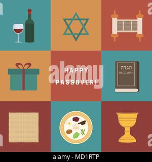 Appartement de vacances de Pâque icons set design avec texte en anglais 'Happy Passover". Illustration de Vecteur