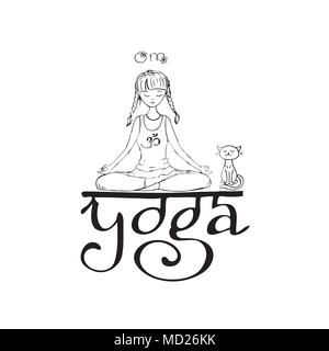 Girl in lotus pose. Doodle hand drawn vector illustration.logo, icône ou carte pour la vie en bonne santé, sport, fitness, pilates et yoga club. Smiling fac Illustration de Vecteur