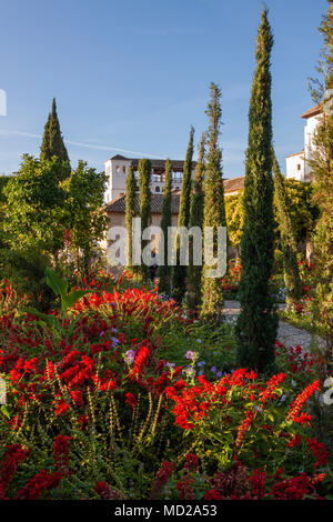 Grenade, Andalousie, Espagne - Octobre 7th, 2012 : jardins colorés du Generalife dans l'Alhambra et Generalife complexe de palais et forteresse Banque D'Images