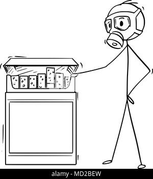 Caricature de l'homme dans le masque à gaz à la recherche de Big Box de cigarettes Illustration de Vecteur