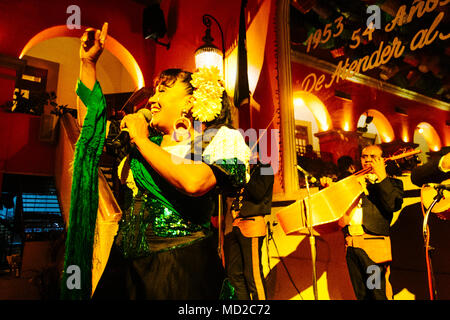 Une chanteuse ranchera effectue au Restaurant des Focolari a ouvert ses portes en 1953 dans les locaux d'une ancienne hacienda traditionnelle maison dans la Zona Rosa di Banque D'Images