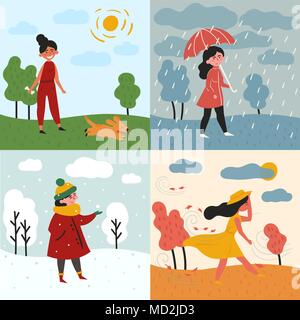 Une fille et quatre saisons et de la météo. La pluie, neige Illustration de Vecteur