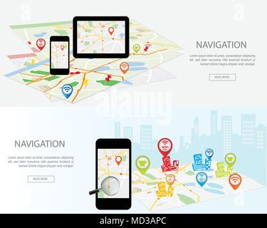 Concept de la navigation mobile. Ensemble moderne de concepts design plat avec plan de ville de navigation GPS sur smartphone et tablette écran. Si web bannière web Concepts Illustration de Vecteur