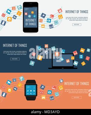 Smartwatch, ordinateur portable, Smartphone avec Internet des objets (IoT) icônes reliant ensemble. Concept de réseau Internet. Concept de contrôle à distance pour smart Illustration de Vecteur