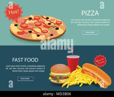 Bannière de la restauration rapide. En-tête du site web du restaurant. Restauration rapide et pizza concept banner.Restauration rapide banner set Illustration de Vecteur