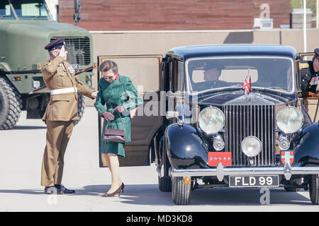 Greenwood Road, Pirbright. 18 avril 2018. Le 25e anniversaire de l'armée britannique, le corps le plus important corps Logistique Royal a tenu sa parade anniversaire cet après-midi. Son Altesse Royale la Princesse Royale a été l'invité d'honneur pour cette occasion historique. Credit : james jagger/Alamy Live News Banque D'Images