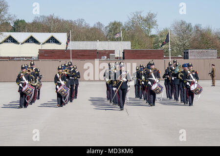 Greenwood Road, Pirbright. 18 avril 2018. Le 25e anniversaire de l'armée britannique, le corps le plus important corps Logistique Royal a tenu sa parade anniversaire cet après-midi. Son Altesse Royale la Princesse Royale a été l'invité d'honneur pour cette occasion historique. Credit : james jagger/Alamy Live News Banque D'Images