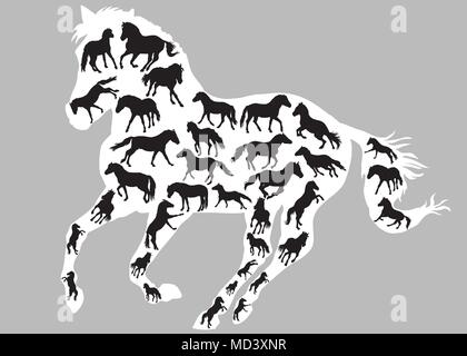 Ensemble de chevaux isolés silhouettes (comité permanent, au trot et au galop) en noir à l'intérieur grand galop silhouette de cheval en colo blanc Illustration de Vecteur