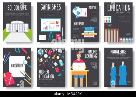 Cartes d'information retour à l'école ensemble. Modèle d'flyear étudiant, magazines, affiches, bannières, couverture de livre. L'enseignement collégial infographie concept arrière-plan. Les illustrations des pages Mise en page moderne Illustration de Vecteur
