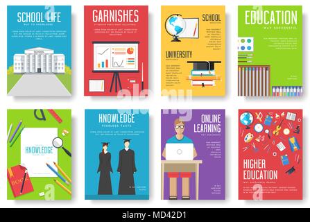 Cartes d'information retour à l'école ensemble. Modèle d'flyear étudiant, magazines, affiches, bannières, couverture de livre. L'enseignement collégial infographie concept arrière-plan. Les illustrations des pages Mise en page moderne Illustration de Vecteur