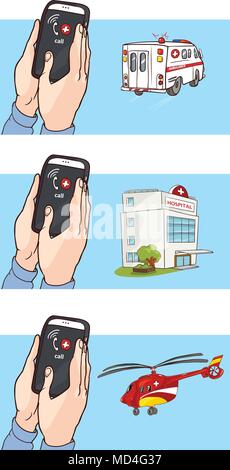 Smart phone avec l'ambulance, l'hôpital, l'ambulance d'appeler l'hélicoptère Illustration de Vecteur