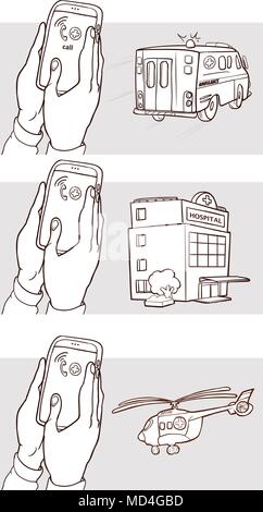 Smart phone avec l'ambulance, l'hôpital, l'ambulance d'appeler l'hélicoptère Illustration de Vecteur