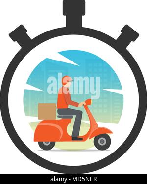 Icône livraison express concept. Chronomètre avec Delivery man ride moto scooter et ville historique pour l'entretien, commander, rapide, gratuit et partout dans le monde s Illustration de Vecteur