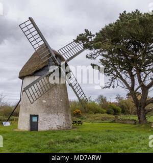 Petit Toit de chaume Moulin près d'un arbre, dramatique ciel d'orage, les terres agricoles, Tacumshane Windmill, Wexford, Irlande, Europe Banque D'Images