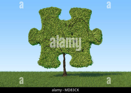 Arbre vert en forme de puzzle sur l'herbe verte sur fond de ciel bleu, 3D Rendering Banque D'Images