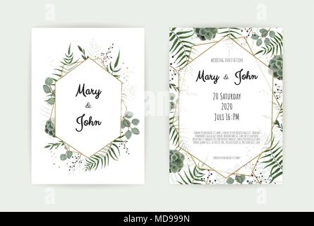 Jardin botanique naturel modèle d'invitation de mariage. Vector floral design card. Cadre doré géométrique, frontière avec l'espace de copie. Illustration de Vecteur