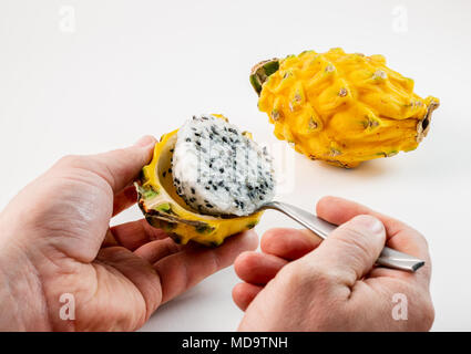 Un homme aux fruits  > Fruits de la peau d'un dragon fruit jaune isolé sur fond blanc. Banque D'Images