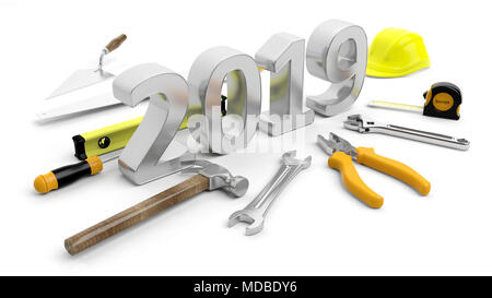 Nouvelle année 2019. Nombre d'outils à main et 2019 isolé sur fond blanc. 3d illustration Banque D'Images