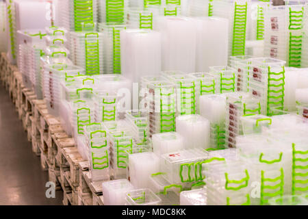 Boîte en plastique contenant sur étagère dans le magasin Banque D'Images