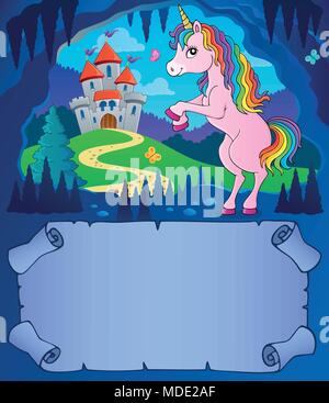 Petit parchemin et unicorn dans cave 2 - eps10 vector illustration. Illustration de Vecteur