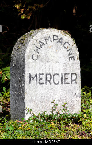 Marqueur pour Pierre Vigne Champagne Mercier, Épernay, Champagne, France Banque D'Images