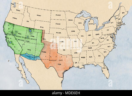 Carte du territoire du Mexique ajouté à la sud-ouest des États-Unis, années 1800. Illustration couleur numérique Banque D'Images